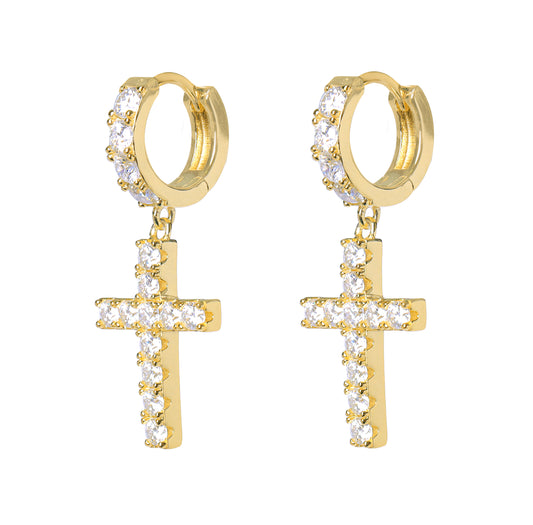 Aretes Dije Cruz Plata Ley 925 Con Baño Oro Diamante Moissanita